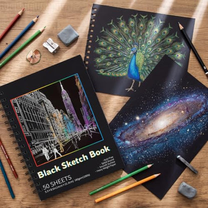 100 Sheets Black Paper Sketchbook(2 Pack), 108 lb/160gsm Heavyweight Black Sketch Pad 5.5×8.5in, Acid-Free Drawing Paper, Spiral Bound Sketch Book for Kids, Teens, Artist - size: 5.5×8.5 Inch (2 Pack )
