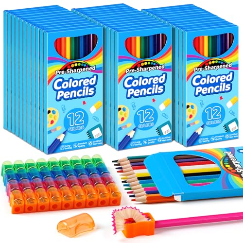 Jyusmile 432 Count Colored Pencils Bulk, Pre-sharpened Coloring Pencils for Kids, 36 Pack 12 Assorted Colors with Sharpener, Bulk School Supplies for Teachers, Classroom Prizes, Drawing Art Supplies