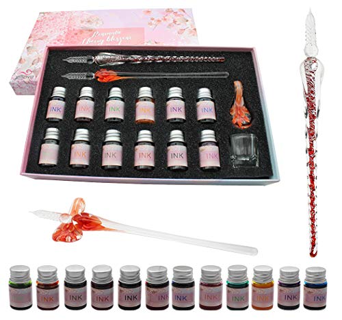 XIAOYU Glass Dip Pen Ink Set, 16 Pieces Calligraphy Pens Set - 12 Colorful Inks, Pen Holder, Cleaning Cup, 2 Crystal Glass Pens for Writing, Signature - Orange - color: Orange