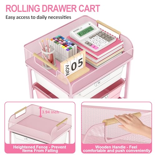 SYKIARIOL 4-Drawer Rolling Storage Cart with Mesh Top, Utility Craft Organizer Cart on Wheels with DIY Labels, Rolling Drawer Cart for Home Office Classroom Bedroom, Rose Pink - color: Pink
