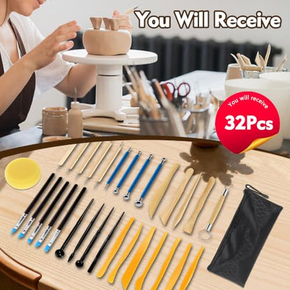 32Pcs Clay Sculpting Tool Kit, Pottery Carving Tools with Silicone Dotting Pen, Sponge and Modeling Sticks for Polymer Clay Molding Dotting Stippling Carving Shaping, Pottery Craft