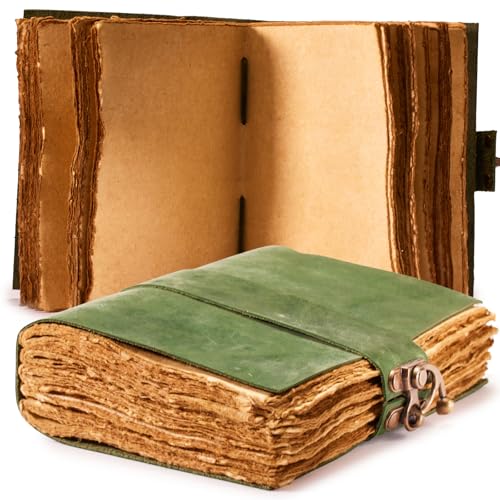 NomadCraftsCo. Vintage Leather Journal - Lock Closure, Book of Shadows Journal, Grimoire Journal, Witch Journal, Vintage Journal 240 pages Antique Deckle Edge Paper - color: Green, size: 9" x 6"