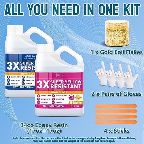 JDiction Epoxy Resin High Gloss 34OZ - 3X Yellowing Resistant Upgrade Formula, Self Leveling Resin and Hardener, Crystal Clear & Bubble Free Coating and Casting Resin for Jewelry, Art, Wood 1:1 Ratio - size: 34 fl oz