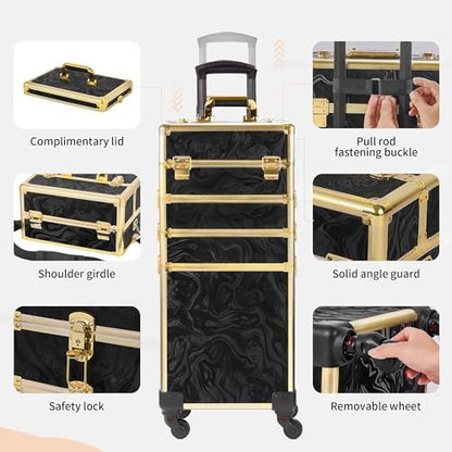 Somduy Rolling Makeup Case, Makeup Train Case with Lid, 5 in 1 Cosmetology Case on Wheels, Christmas Gift, Large Makeup Organizers, Profesional Cosmetic Case for Salon Barber, Pattern Black Gold - color: Black Gold