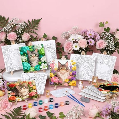 Supervitae 72 Piece Floral Cats Square Pre Drawn Canvas Kit 5.9" Paint and Sip Kit for Adults Painting Party Pre Printed Canvas DIY with Pictures Paints Easels Brushes for Party Gifts - size: 5.9", style: Floral Cats