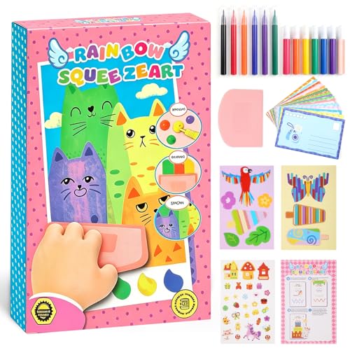 Rainbow Squeeze Art Kit, DIY Creative Scratch Art Kit for Kids, Magic Artistic ＆ Creative Squeegee Painting Set, for Drawing ＆Postcards, Favors Novelty Gifts for Boys ＆ Girls (Pink) - color: Pink
