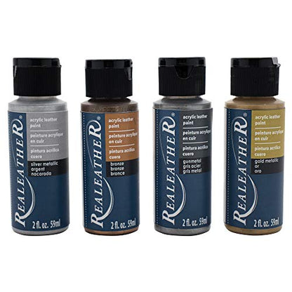 Realeather F2604-02 Acrylic Leather Paint Set, Full Coverage, Waterproof Paint 2 Fl. Oz. Metallic Colors, Gold, Bronze, Silver, Gunmetal, 4-Pack - color: Metallic Colors, Gold, Bronze, Silver, Gunmetal