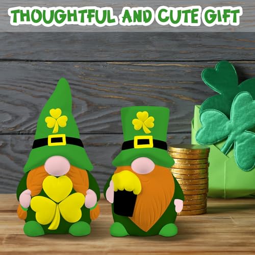 Poen 2 Pack Ready to Paint Your Own St. Patrick's Day Gnomes Statues, 4 Inches Mini Ceramics to Paint Unpainted Lucky Gnomes Tiered Tray Decor Crafts DIY for Home Table Decorations (Lucky Style) - style: Lucky Style