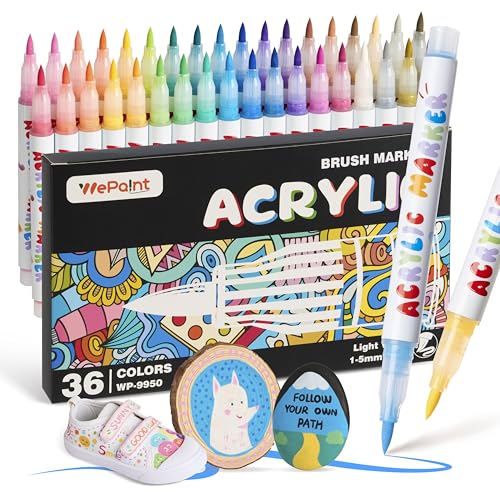 WePaint 36 Colors Acrylic Paint Markers, Paint Pens Set with Soft Brush Tip, Fabric Markers for Rock, Glass, Paper, Wood, Ceramic, DIY Crafts Art Supplies Kit - color: 36 Colors