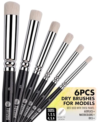 6-Piece Dry Brush Set - Model Paint Brushes, Professional Miniature Painting Brushes, Sleek Black Handles, Chrome Ferrules, Round Synthetic Bristles & Includes Storage Sleeve for Organization