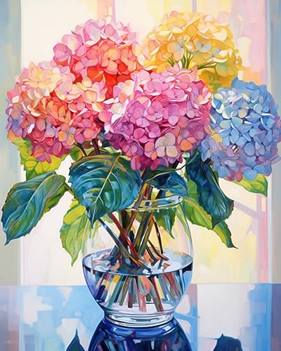 Tucocoo Hydrangea in Glass Vase Window Landscape Paint by Numbers for Adults Beautiful Flower DIY Paint by Numbers Acrylic Paint Canvas Colorful Flowers Painting Kits Art 16x20 Inch（Without Frame） - color: Flower in Vase 04, size: 16''x20''(Frameless)