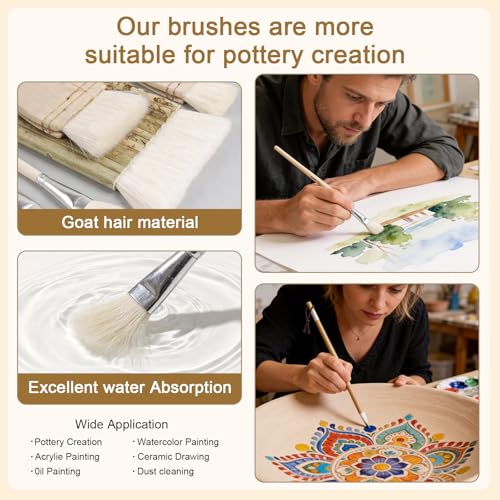 Set of 19 Wool Soft Pottery Glaze Brushes Tool for Ceramic Glazing Acrylic Watercolor Oil Painting, Includes Sponge, Mop, Hake, Sumi, Fan, Fine Brush Bristle for Clay Kiln Blending Supplies - color: 14pcs