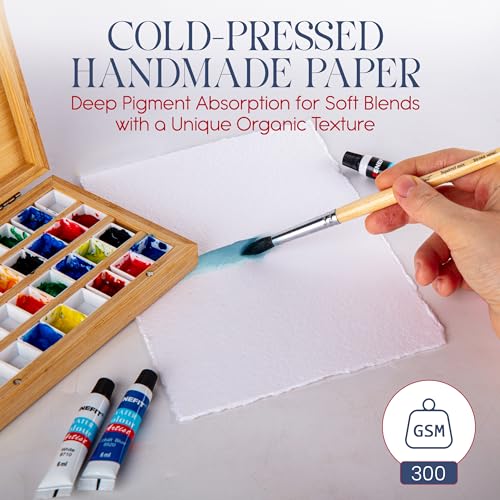 Wanderings Thick Handmade Watercolor Paper with Deckle Edge - 8" x 8" - 300GSM - Premium White Hot Press Smooth Mixed Media Paper Made with Recycled Cotton - 25 Loose Leaf Sheets - color: White, size: 8x8" (20x20cm)