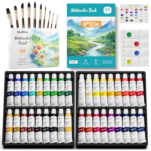 Nicpro Upgraded Watercolor Paint Set for Adults, 36 x 12ml Watercolor Tube, 10 Squirrel Watercolor Brushes, 25-Sheet 9x12 Watercolor Paper Book, 20-Well Palette, Water Color Art Supplies for Artists - color: 36 Colors - 49 Pieces