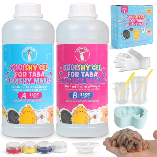 ResinAngel 16 Pcs Taba Squishy Kit 64OZ,1:1 AB Liquid Silicone Gel,FuFu Squishy Maker Kit with Mold,Silicone Rubber Squishy Toys for Stress Relief,Entertainment,Party Favors,Birthday,Christmas Gift