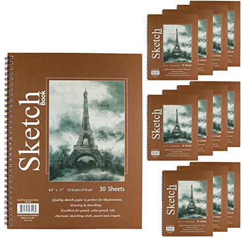GIFTEXPRESS Pack of 12 Letter Size Sketch Book Bound Spiral Premium Sketch Pads Set, Pencil Sketch Book 30 Sheets Each, 8.5" X 11" Side Wire Bound, White Blank Paper Sheets for Pencil, Ink, Pastel
