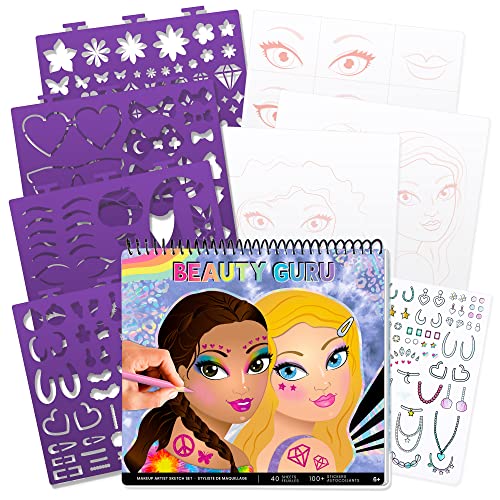 Fashion Angels Make-up & Hair Design Sketch Portfolio, Includes 40 Sketch Sheets, 4 Stencil Sheets & Stickers, Sketchbook for Beginners & Kids Ages 6+ - color: Make-up & Hair