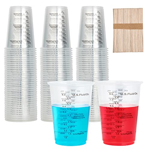 200 PACK Plastic Measuring Cups, 8 oz Disposable Mixing Cups with 100 Wooden Mixing Sticks, Can Be Used for Epoxy Resin, Liquid Measuring, Paint, Cooking and Baking