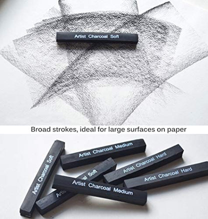 6 Pcs Square Compressed Drawing Charcoal Sticks Artist Charcoal Pastel Pencils for Sketching Drawing Artist Black Charcoal Sticks Assorted Soft Medium Hard for Art Student Supplies