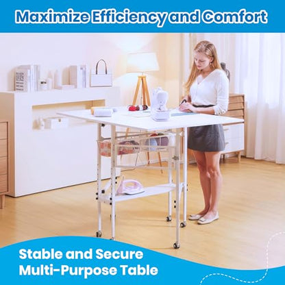 Sew Ready Folding Sewing Craft Table with Storage, Adjustable Height Cutting Desk with Drawers and Wheels for Quilting, Fabric, and Hobby Room, White - color: White / White
