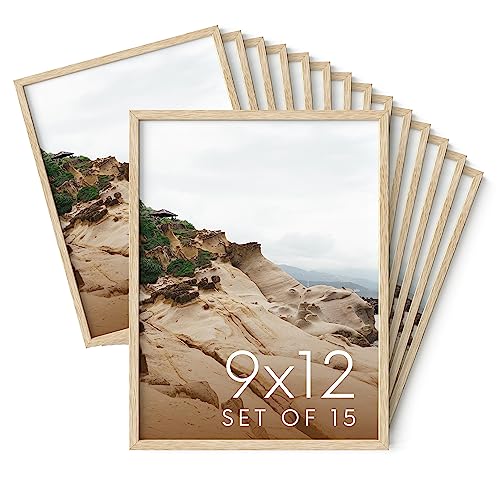 Haus and Hues 9x12 Natural Oak Wood Picture Frames Set of 15 - Premium Bulk Picture Frames 9x12 Bundle - Elegant Gallery Wall Frame Set for Posters, Art Display - Ideal for Wall Decor in Home & Office - color: Beige Oak, size: 9x12 in, style: Set of 15