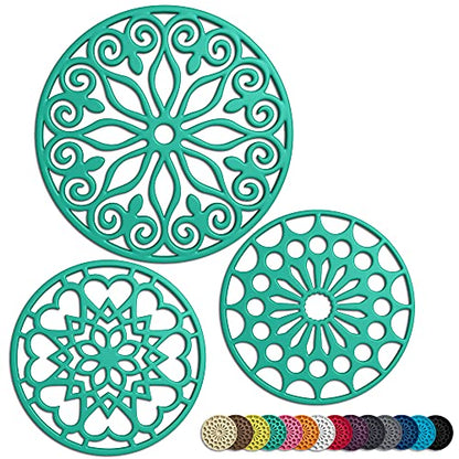3 Set Silicone Trivet Mats with 1 Extra Large Included | Intricately Carved Insulated Flexible Durable Non Slip Thick Round Premium Trivets for Hot pots and Pans | Mint Green - color: Green Mint