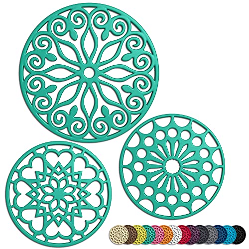 3 Set Silicone Trivet Mats with 1 Extra Large Included | Intricately Carved Insulated Flexible Durable Non Slip Thick Round Premium Trivets for Hot pots and Pans | Mint Green - color: Green Mint