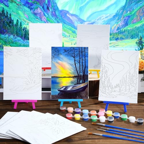 Blosssound 10 Set Pre Printed Canvas Pre Drawn Canvas Painting with Easel Kits 5" x 7" Outline Painting Panels for Beginners, DIY Craft Project, Home Decors(Dream Sky) - style: Dream Sky