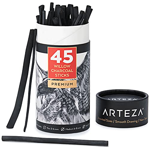 ARTEZA Willow Charcoal Sticks, Set of 45, Assorted Thin, Medium, and Thick Sketching Charcoal