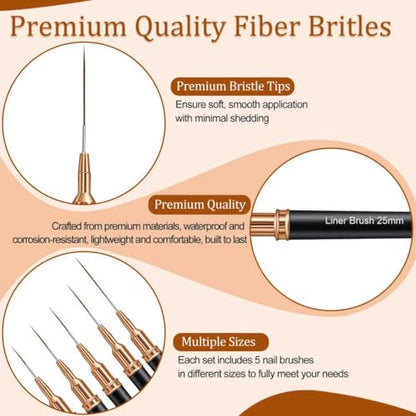 7PCS Metallic Nail Art Brushes Set, 7/9/11/15/25mm Liner Brush For Nails Gel, Super Fine Painting Art Design Pen for Long-Line Patterns, Detailed Outlines, Geometric Shapes (Black)