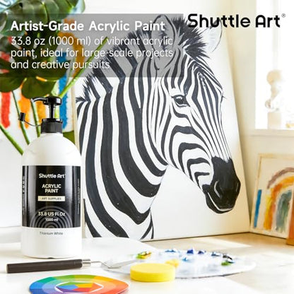 Shuttle Art Titanium White Acrylic Paint, 33.8oz/1000ml Large Capacity Pump Bottle with Cover, Fast Drying Non-Toxic, High Coverage Titanium White Paint for Kids, Artists, Students & DIY Crafts - color: White, size: 33.8 Fl Oz (Pack of 1)