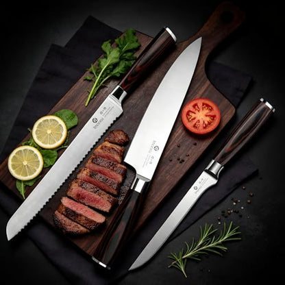 imarku Knife Set, 3 Piece Japanese High Carbon Stainless Steel | Razor Sharp 8 inch Chef Knife, 10 inch Bread Knife and 6 inch Boning Knife for Meat, Bread, Vegetables and Kitchen Prep - color: Pakkawood Brown