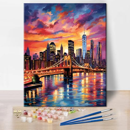 TUMOVO Paint by Numbers for Adults Colorful Cityscape Adults' Paint by Number Kits Brooklyn Bridge Sunset Landscape Art Painting Kits with Brushes Oil Painting Art Crafts 16x20 in - color: Artwork-08