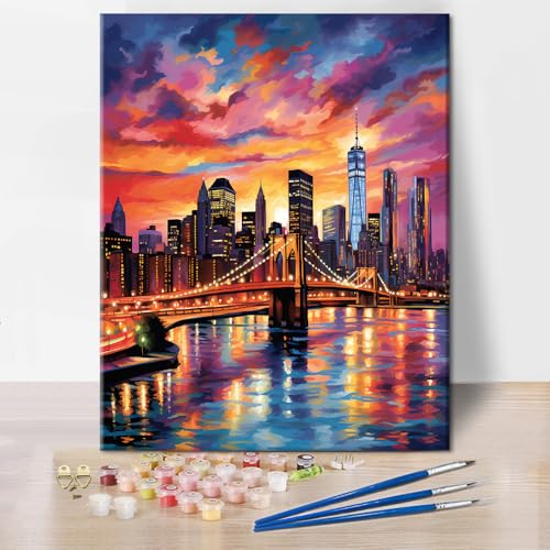 TUMOVO Paint by Numbers for Adults Colorful Cityscape Adults' Paint by Number Kits Brooklyn Bridge Sunset Landscape Art Painting Kits with Brushes Oil Painting Art Crafts 16x20 in - color: Artwork-08