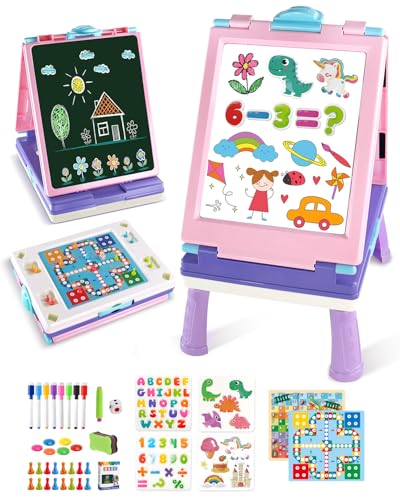 Elovien Easel for Kids, 4 in 1 Double Sided Toddler Art Easel with Chalkboard & Magnetic Whiteboard, Foldable Kid Tabletop Easel with Drawing & Writing Accessories - Educational Gift for Girl (Purple) - color: Purple