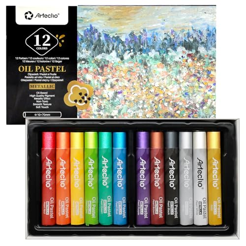 Artecho Metallic Oil Pastels Set of 12 Colors (10 x 70 mm) | Soft Oil Pastels, Art Painting, Drawing, Blending - style: 12 Metallic Colors