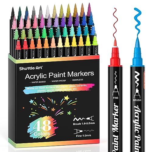Shuttle Art 48 Colors Dual Tip Acrylic Paint Markers, Brush Tip and Fine Tip Acrylic Paint Pens for Rock Painting, Ceramic, Wood, Canvas, Plastic, Glass, Stone, Calligraphy, Card, DIY Football Crafts - color: 48 Colors Brush Tip and Fine Tip