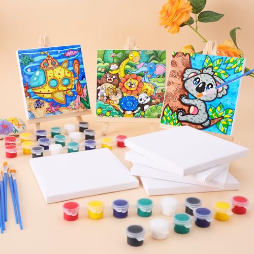 ESRICH 16 Set Mini Acrylic Paint Kit, 5in Mini Stretched Canvas with 7.5in Easel, Acrylic Paint Strips, Paint Palettes, Painting Brushes, Small Canvas and Easel Set for Kids Artists Beginner, Gift - size: 16 set 5 x 5 inches