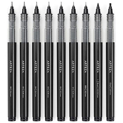 ARTEZA Micro-Line Ink Pens, Set of 9, Black Fineliners with Japanese Archival Ink, Art Supplies for Comic Artists and Illustrators - size: 1 Count (Pack of 9)