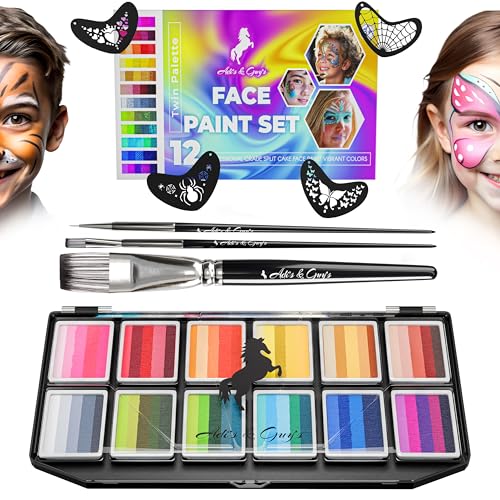 Face Paint Kit for Kids – Twin Palette with 12 Split Cake Colors, 3 Brushes & 5 Reusable Stencils – Non-Toxic, Paraben-Free, Easy to Use & Wash Off – Ideal for Parties, Halloween & Playtime. - size: 90 Pieces