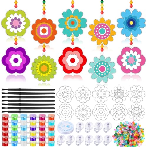 WinnerWhy 30 Sets Flower Suncatchers Window Art Kits, Spring DIY Sun Catchers Crafts Paint Your Own Window Ornaments for Adult Home Birthday Activity Party Decor - style: Flower Style
