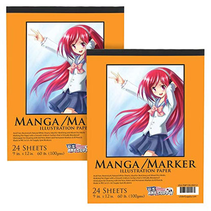 U.S. Art Supply 9" x 12" Premium Manga Marker Paper Pad (2 Pack, 48 Sheets Total) - 60lb (100gsm) Drawing Sketchbook for Alcohol & Acrylic Paint Markers - size: 9" x 12"
