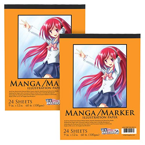 U.S. Art Supply 9" x 12" Premium Manga Marker Paper Pad (2 Pack, 48 Sheets Total) - 60lb (100gsm) Drawing Sketchbook for Alcohol & Acrylic Paint Markers - size: 9" x 12"