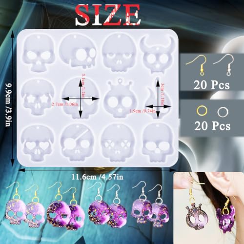 82 PCS Halloween Skull Earring Molds Kits with Holes, 12 Pairs Silicone Resin Molds with 40 Earring Hooks Epoxy for Halloween Decorations Pendants Keychains