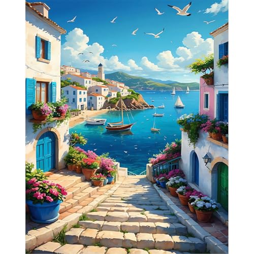 HITIRECOVI Seaview Town Paint by Number Adult,Canvas Paint by Numbers for Adults Seaside,DIY Acrylic Oil Paint by Number for Adults for Home Decor Gift 16x20 Inch - color: Seaview B, size: 16×20in(Frameless)