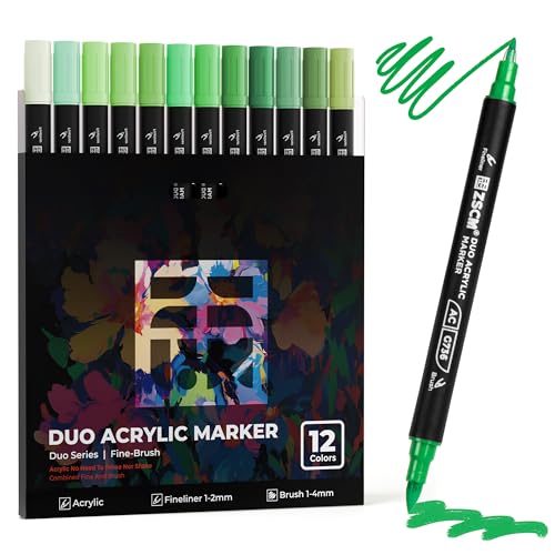 ZSCM QUALITY DECIDES THE FUTURE 12 Green Acrylic Paint Markers, Dual Tip Acrylic Brush Pens with Fine Tip & Brush Point, Fresh Green Acrylic Markers for Wood Canvas Stone Glass Rock Painting - color: 12 Green
