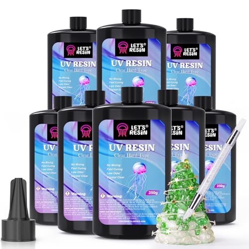LET'S RESIN UV Resin, 2,000g 250ml 8Pcs Faster Cure Crystal Clear UV Resin Bulk,Low Shrinkage No Tacky UV Epoxy Resin Kit,Transparent High Gloss Resina UV for Jewelry Making,Craft Decor - size: 2000G