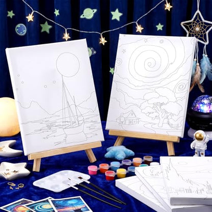Humyoun 8 Sets 8" x 10" Starry Sky Pre Drawn Canvas to Paint for Sip and Paint Party Starry Sky Predrawn Coloring Set Pre Sketched Canvas Boards with Paints and Brushes for Adult - style: Starry Sky