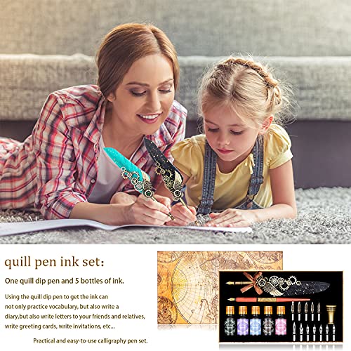 Quill Pen, Quill Pen Ink Set Including Mechanical Feather Pen and Wooden Dip Pen, 5 Colors of Ink, 12 Replacement Nibs, Pen Holder, Envelope and Letter Paper (Black) - color: Black