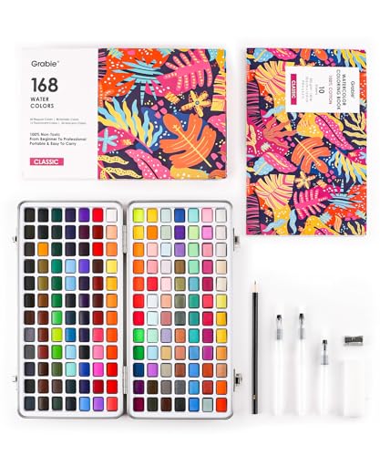 Grabie Watercolor Paint Set, Watercolor Paints, 168 Colors, Painting Set with Coloring Book, Water Brushes and Drawing Pencil, Art Supplies, Perfect Starter Kit for Watercolor Painting - color: 168 Colors
